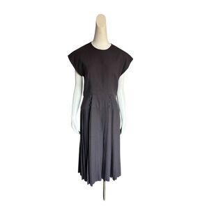 Vintage 50s Style Pleated Dress Open Back Fit and Flare‎ Button Accent Dark Gray